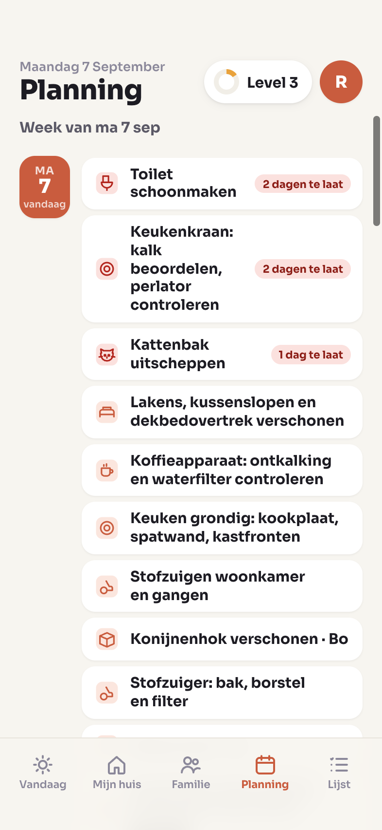 Het Planning-scherm van Tobbel met de taken van deze week op een rij