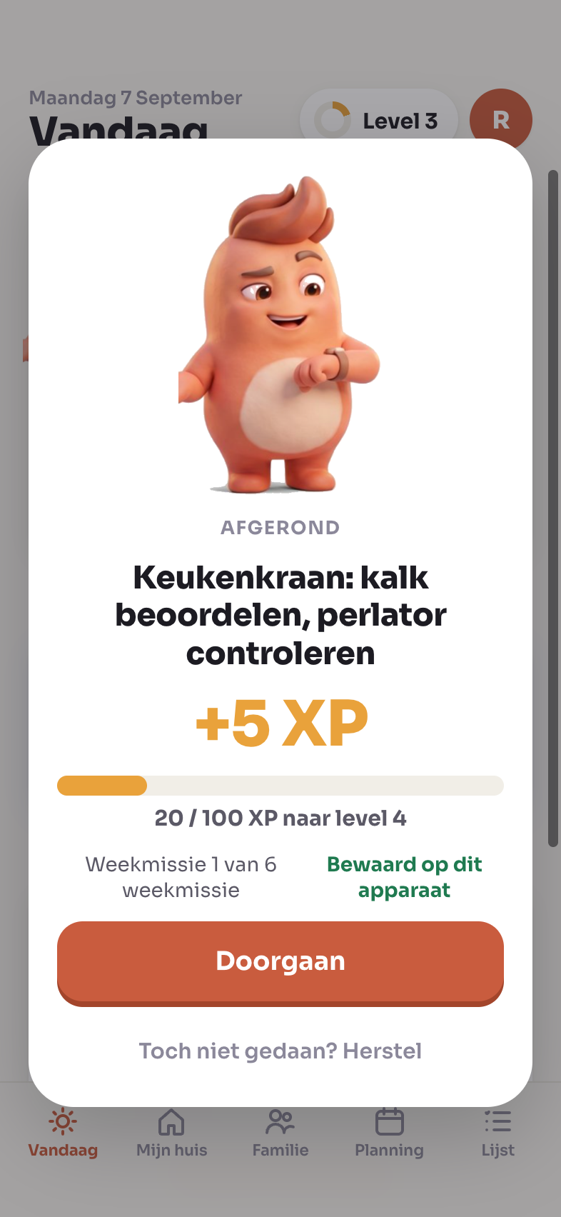 Succesoverlay in Tobbel: taak afgerond, +5 XP, voortgangsbalk naar het volgende level