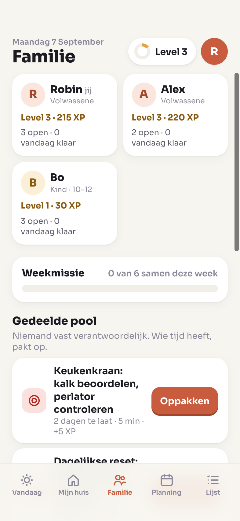 Het Familie-scherm van Tobbel: kaarten per huisgenoot met level en open taken, de weekmissie en de gedeelde pool